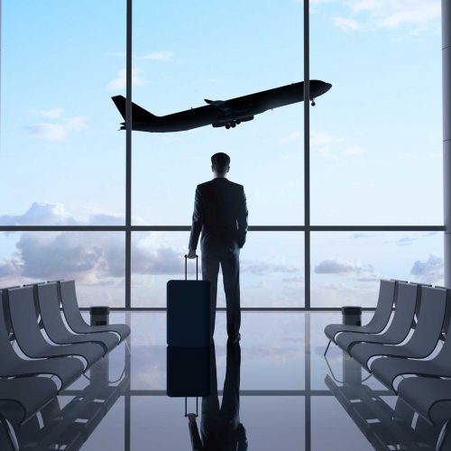 Silhouette of man looking at jet at airport